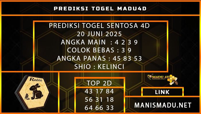 PREDIKSI TOGEL SENTOSA 4D 20 JUNI 2025